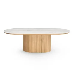 Bobby - Oval sofabord med lys beige stenbordplade og fod i eg 120x55x45 cm
