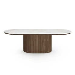 Bobby - Oval sofabord med lys beige stenbordplade og fod i røget eg 120x55x45 cm