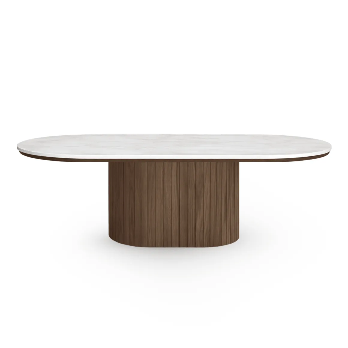 Bobby - Oval sofabord med lys beige stenbordplade og fod i røget eg 120x55x45 cm