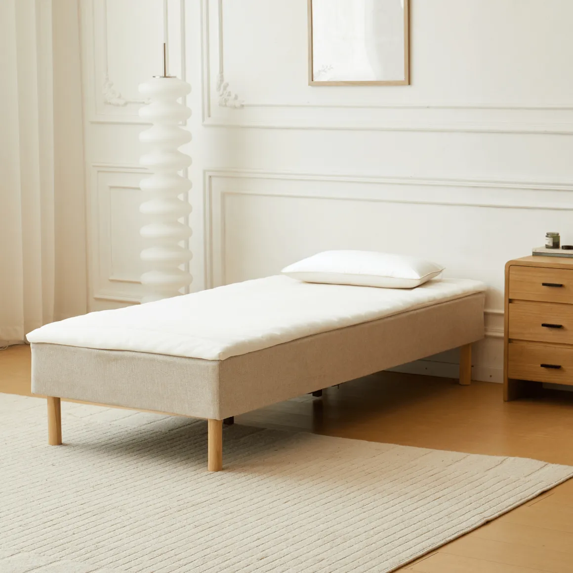 Boxmadras seng i beige 90x200 cm med 4 cm topmadras i PU-skum ekskl. ben