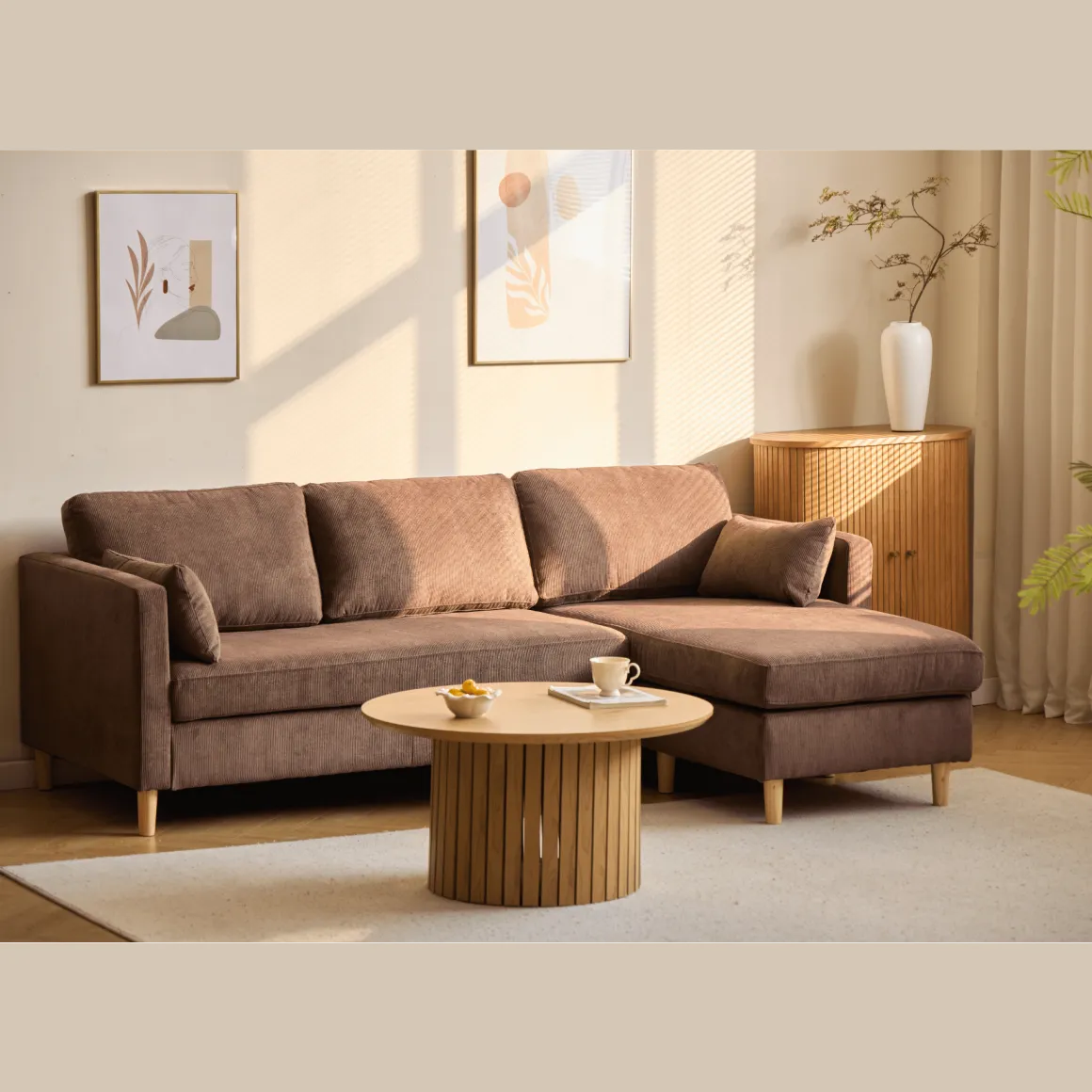 Ellis - Højrevendt og venstrevendt vendbar chaiselong sofa brun fløjl - L: 215 x D: 82 x H: 78 cm