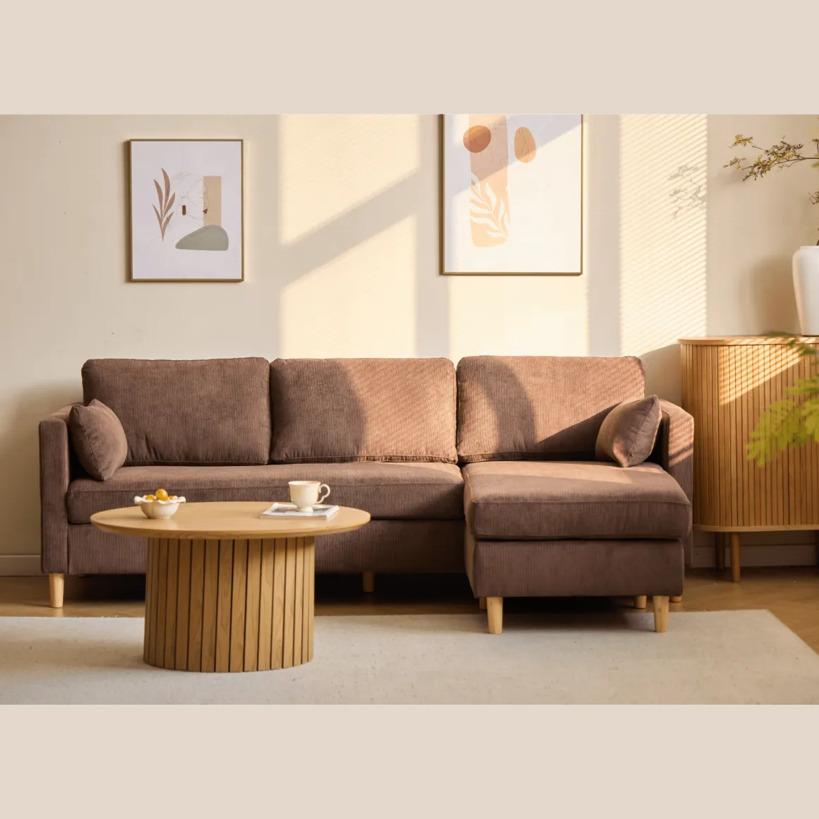 Ellis - Højrevendt og venstrevendt vendbar chaiselong sofa brun fløjl - L: 215 x D: 82 x H: 78 cm
