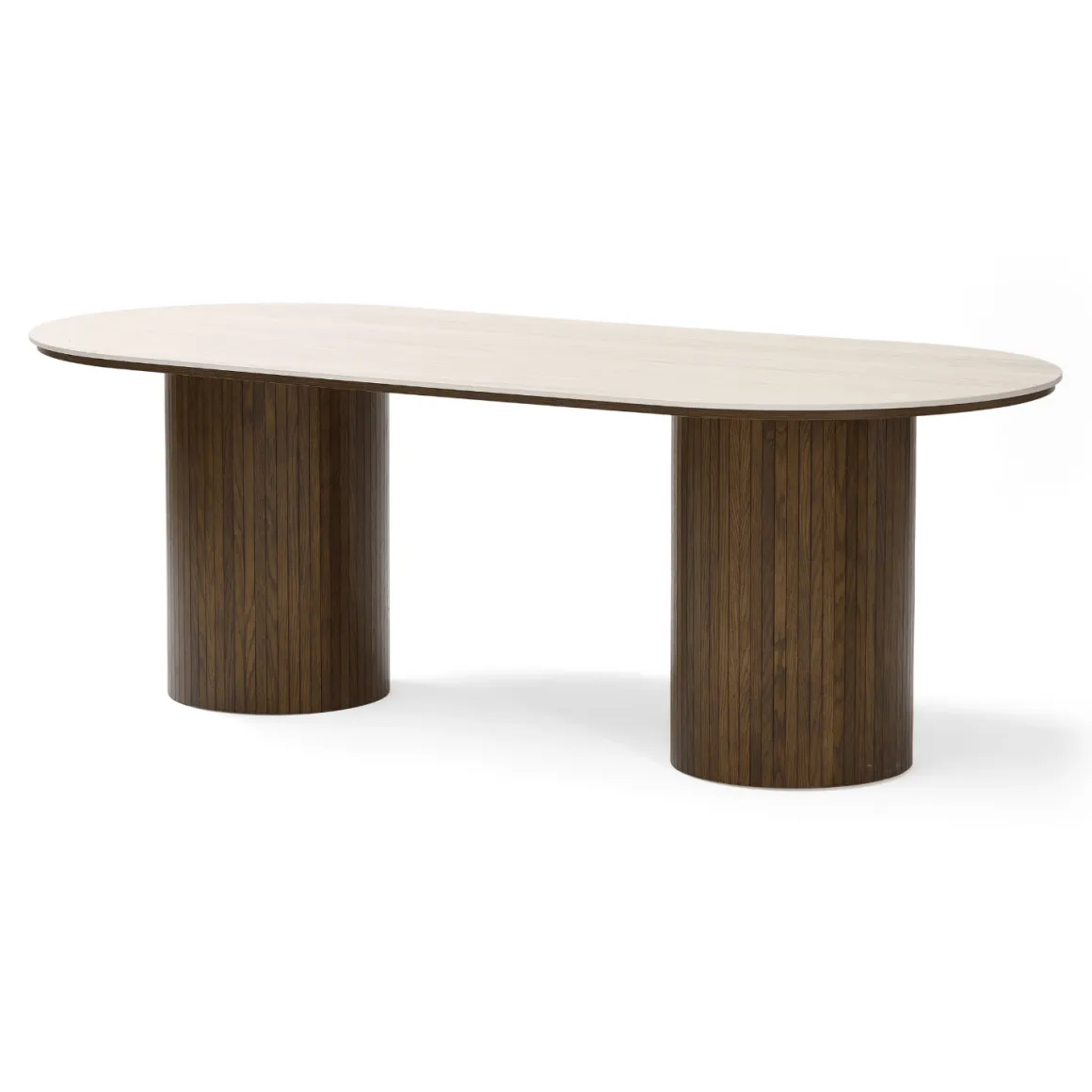 Enzo ovalt spisebord med stenbordplade i beige og lamelfod i røget eg 220x100x76 cm