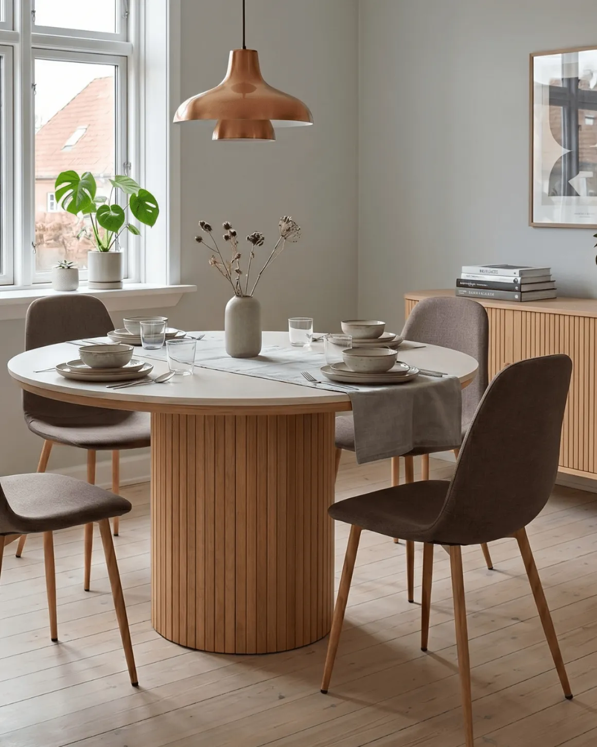 Enzo rundt spisebord med bordplade i beige sten og lamelfod i egetræ Ø120 cm