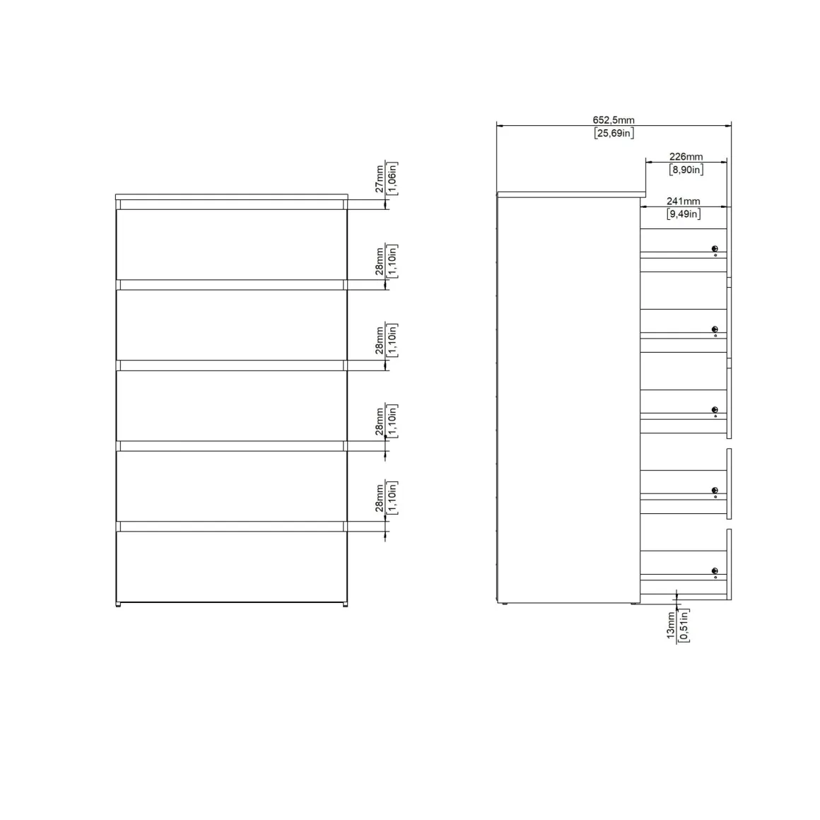 Maise kommode H:114 x B:65 x D:41 cm med 5 skuffer i hvid. Uden emballage / Mindre skader - se produktbeskrivelse (OUB12278)