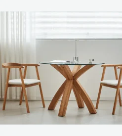 Sidney - Glas spisebord med ben i massiv egetræ Ø100 cm