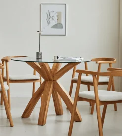 Sidney - Glas spisebord med ben i massiv egetræ Ø100 cm