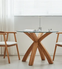 Sidney - Glas spisebord med ben i massiv egetræ Ø100 cm