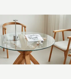 Sidney - Glas spisebord med ben i massiv egetræ Ø100 cm